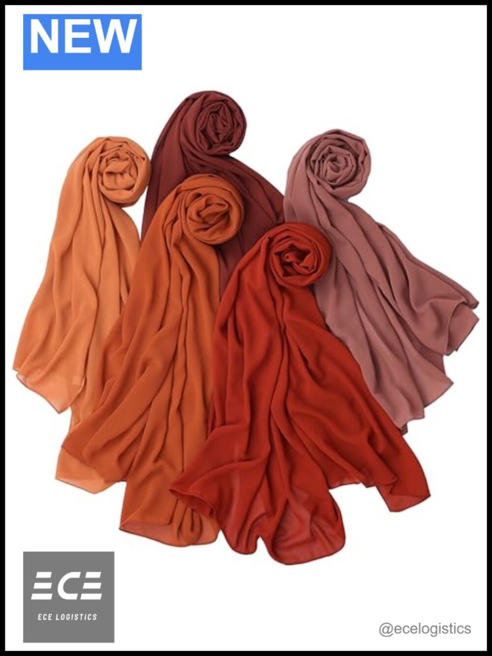 NOOR Chiffon Hijab Scarf Set 5 Pack Non Slip 69x27.5 Inch Wrap